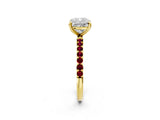 Yellow gold Cushion Cut Diamond Solitaire Ring with Round with Garnet side stone Pavé Band and Prong Setting_26