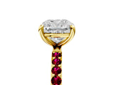 Yellow gold Cushion Cut Diamond Solitaire Ring with Round with Garnet side stone Pavé Band and Prong Setting_29
