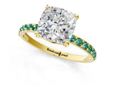 Yellow gold Cushion Cut Diamond Solitaire Ring with Round with Green Sapphire side stone Pavé Band and Prong Setting_1