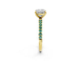 Yellow gold Cushion Cut Diamond Solitaire Ring with Round with Green Sapphire side stone Pavé Band and Prong Setting_2