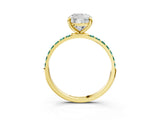 Yellow gold Cushion Cut Diamond Solitaire Ring with Round with Green Sapphire side stone Pavé Band and Prong Setting_3