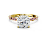 Yellow gold Cushion Cut Diamond Solitaire Ring with Round with Morganite side stone Pavé Band and Prong Setting_24