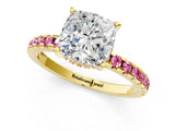 Yellow gold Cushion Cut Diamond Solitaire Ring with Round with Pink Sapphire side stone Pavé Band and Four-Prong Setting_37