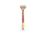 Yellow gold Cushion Cut Diamond Solitaire Ring with Round with Pink Sapphire side stone Pavé Band and Four-Prong Setting_38