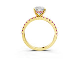 Yellow gold Cushion Cut Diamond Solitaire Ring with Round with Pink Sapphire side stone Pavé Band and Four-Prong Setting_39
