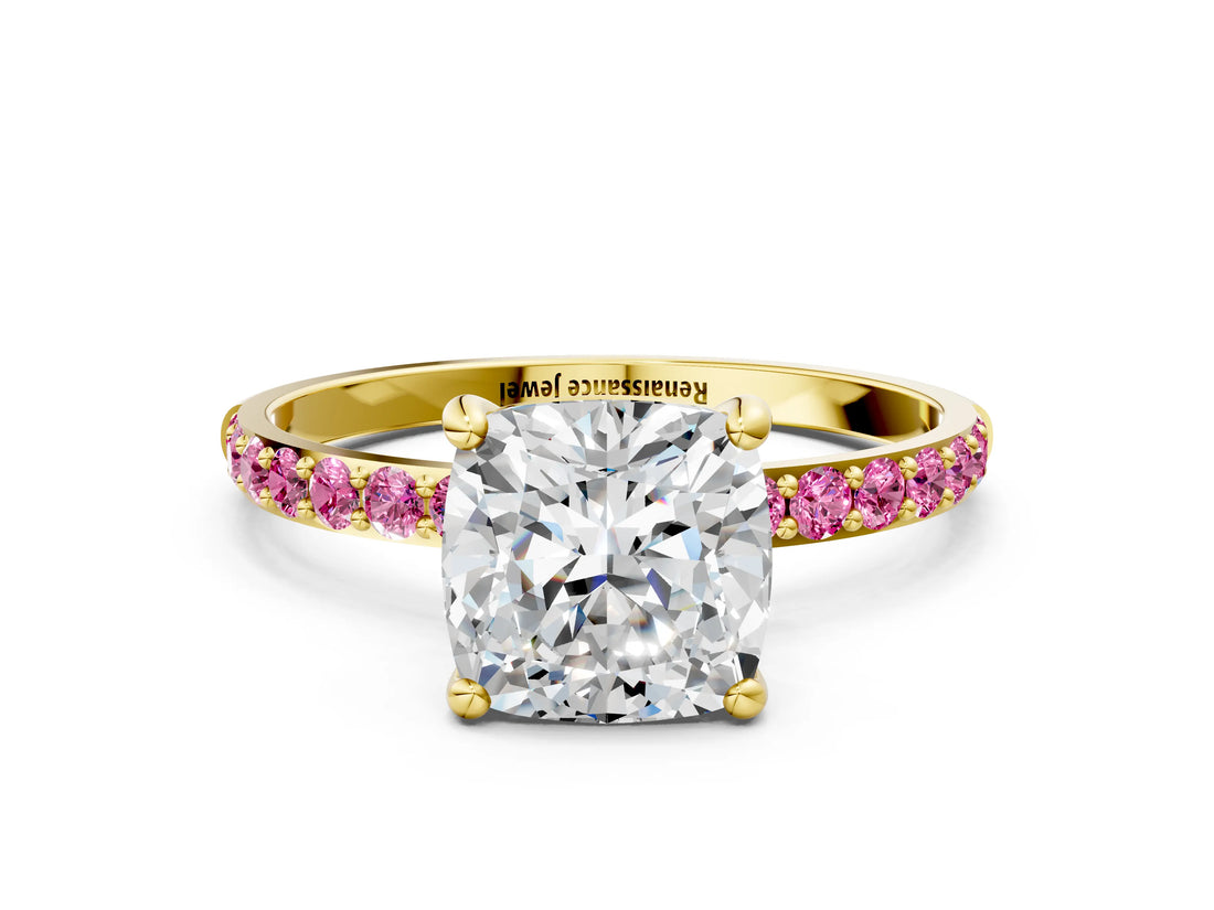 Yellow gold Cushion Cut Diamond Solitaire Ring with Round with Pink Sapphire side stone Pavé Band and Prong Setting_24