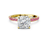 Yellow gold Cushion Cut Diamond Solitaire Ring with Round with Pink Sapphire side stone Pavé Band and Prong Setting_24