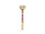 Yellow gold Cushion Cut Diamond Solitaire Ring with Round with Pink Sapphire side stone Pavé Band and Prong Setting_26