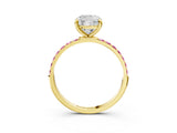 Yellow gold Cushion Cut Diamond Solitaire Ring with Round with Pink Sapphire side stone Pavé Band and Prong Setting_27