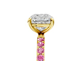 Yellow gold Cushion Cut Diamond Solitaire Ring with Round with Pink Sapphire side stone Pavé Band and Prong Setting_29