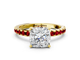 Yellow gold Cushion Cut Diamond Solitaire Ring with Round with Ruby side stone Pavé Band and Four-Prong Setting_36