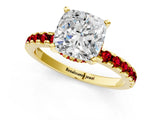 Yellow gold Cushion Cut Diamond Solitaire Ring with Round with Ruby side stone Pavé Band and Four-Prong Setting_37