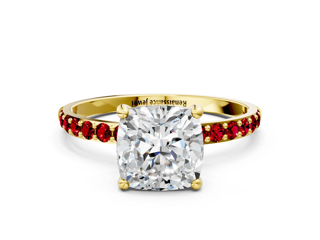 Yellow gold Cushion Cut Diamond Solitaire Ring with Round with Ruby side stone Pavé Band and Prong Setting_36