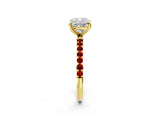 Yellow gold Cushion Cut Diamond Solitaire Ring with Round with Ruby side stone Pavé Band and Prong Setting_38