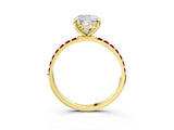Yellow gold Cushion Cut Diamond Solitaire Ring with Round with Ruby side stone Pavé Band and Prong Setting_39