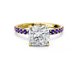 Yellow gold Cushion Cut Diamond Solitaire Ring with Round with Tanzanite side stone Pavé Band and Prong Setting_12