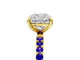Yellow gold Cushion Cut Diamond Solitaire Ring with Round with Tanzanite side stone Pavé Band and Prong Setting_17