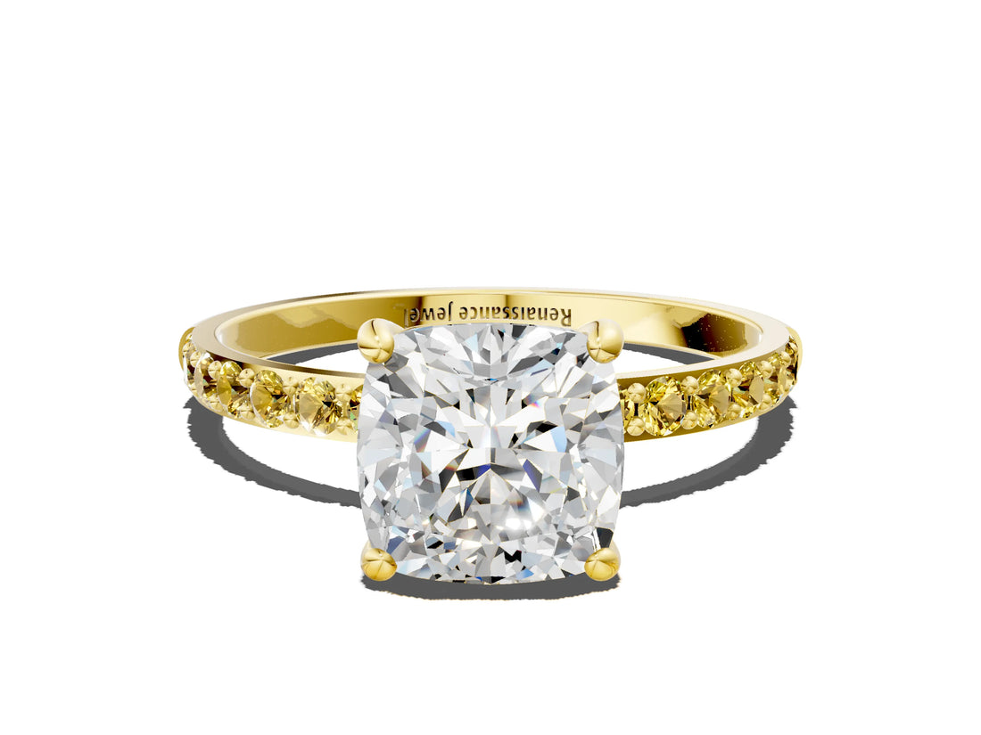Yellow gold Cushion Cut Diamond Solitaire Ring with Round with Yellow Sapphire side stone Pavé Band and Prong Setting_24