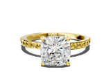 Yellow gold Cushion Cut Diamond Solitaire Ring with Round with Yellow Sapphire side stone Pavé Band and Prong Setting_24