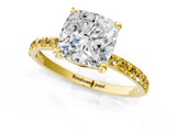 Yellow gold Cushion Cut Diamond Solitaire Ring with Round with Yellow Sapphire side stone Pavé Band and Prong Setting_25