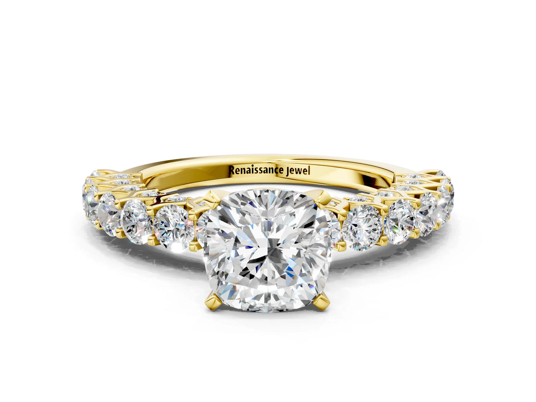 Yellow gold Cushion Cut Diamond Solitaire Ring with Shared Prong Pavé Band and Four-Prong Setting_89
