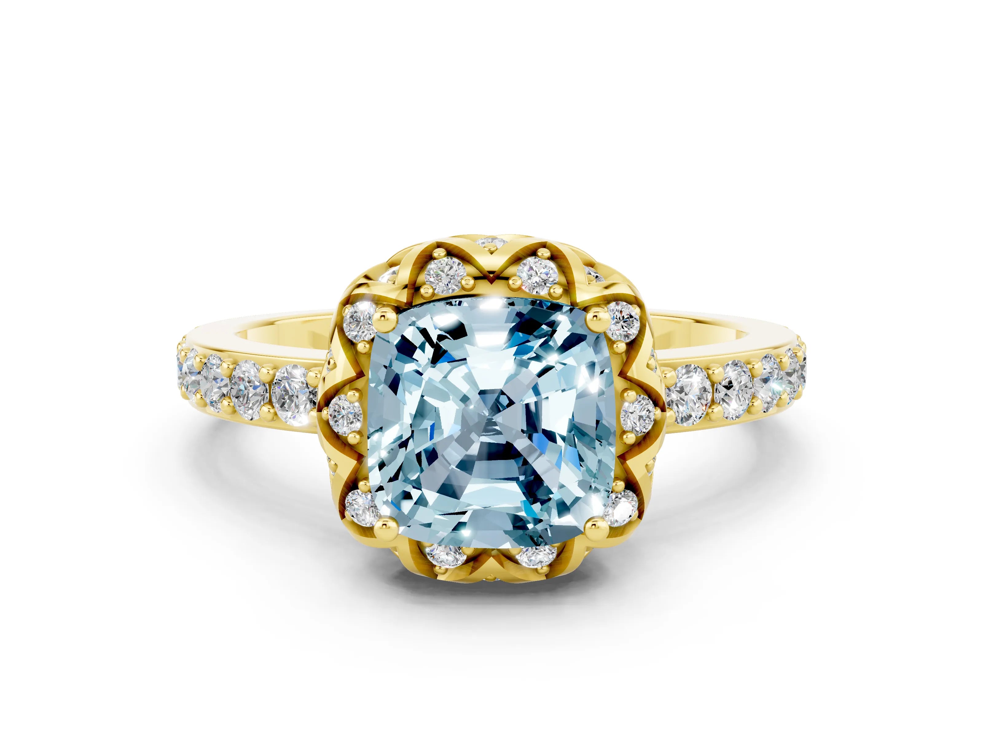 Yellow gold Cushion Cut Diamond Solitaire Ring with Shared Prong Pavé Band