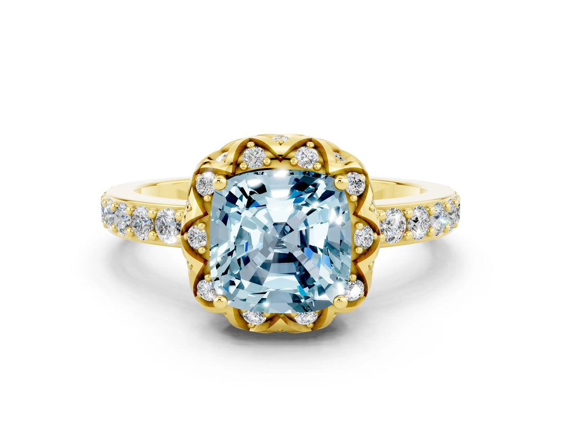 Yellow gold Cushion Cut Diamond Solitaire Ring with Shared Prong Pavé Band