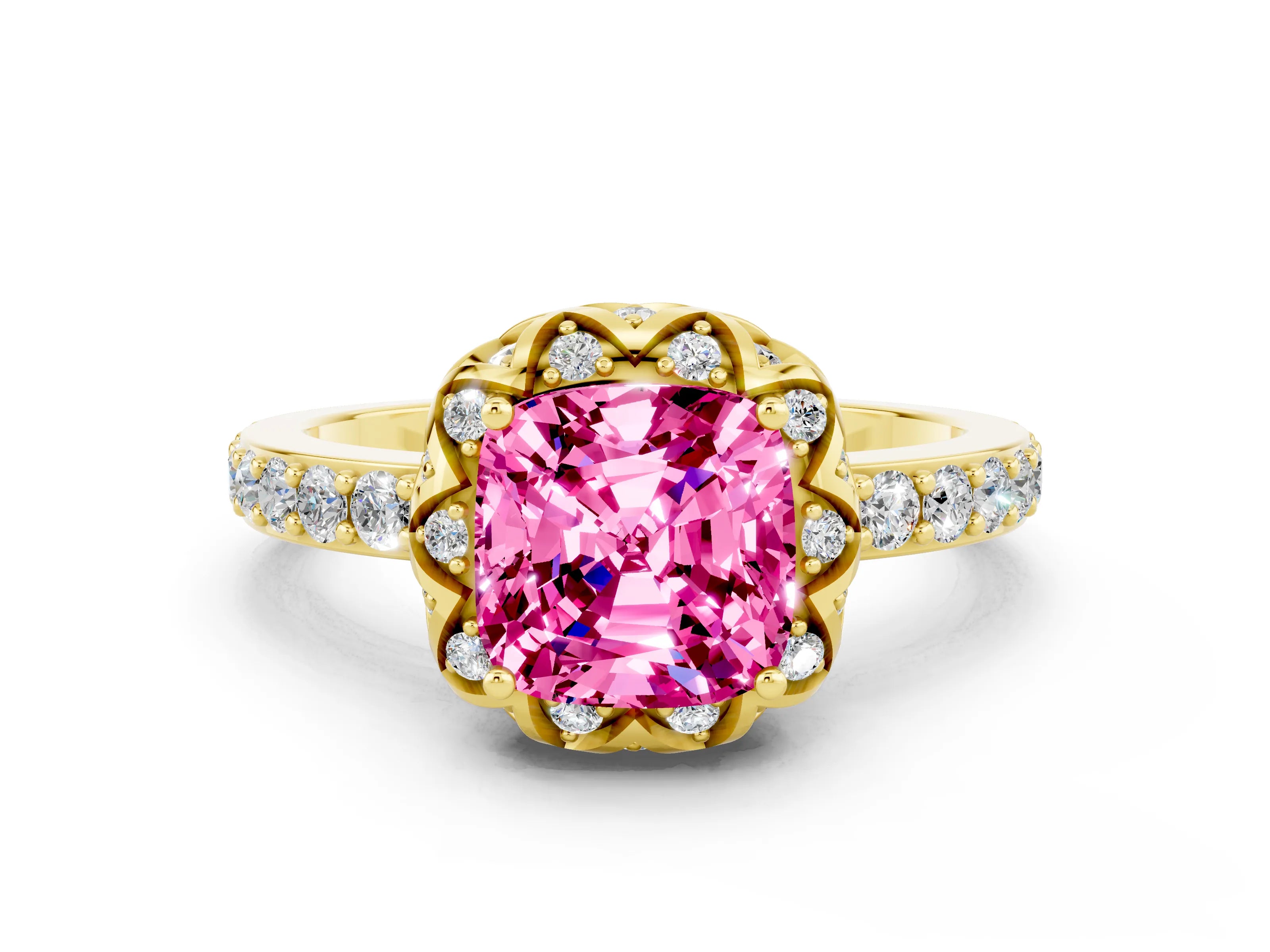 Yellow gold Cushion Cut Diamond Solitaire Ring with Shared Prong Pavé Band