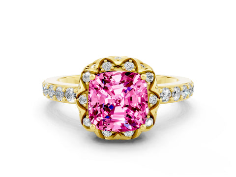 Yellow gold Cushion Cut Diamond Solitaire Ring with Shared Prong Pavé Band