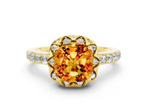 Yellow gold Cushion Cut Diamond Solitaire Ring with Shared Prong Pavé Band