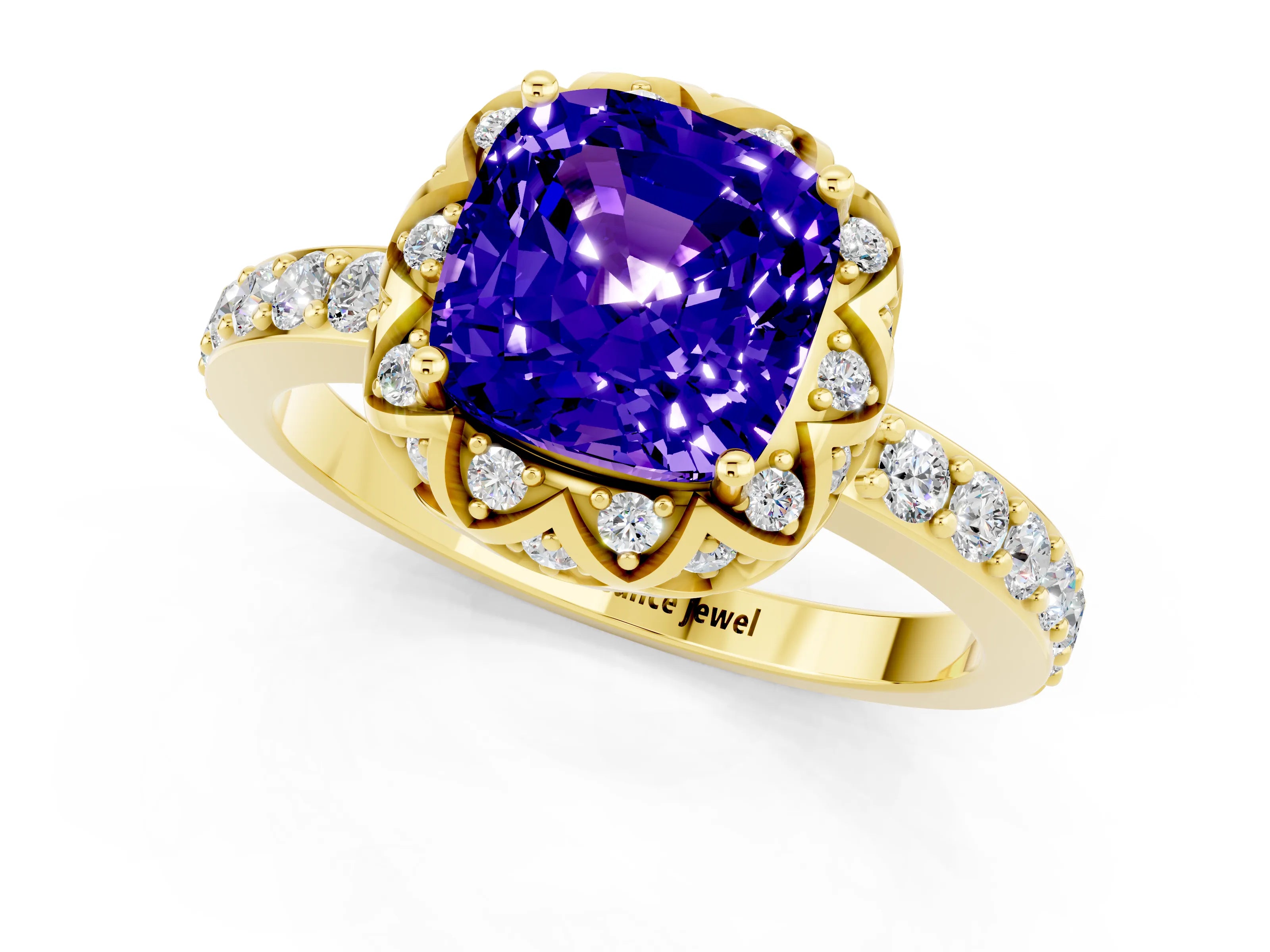 Yellow gold Cushion Cut Diamond Solitaire Ring with Shared Prong Pavé Band_1