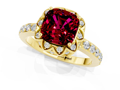 Yellow gold Cushion Cut Diamond Solitaire Ring with Shared Prong Pavé Band_1