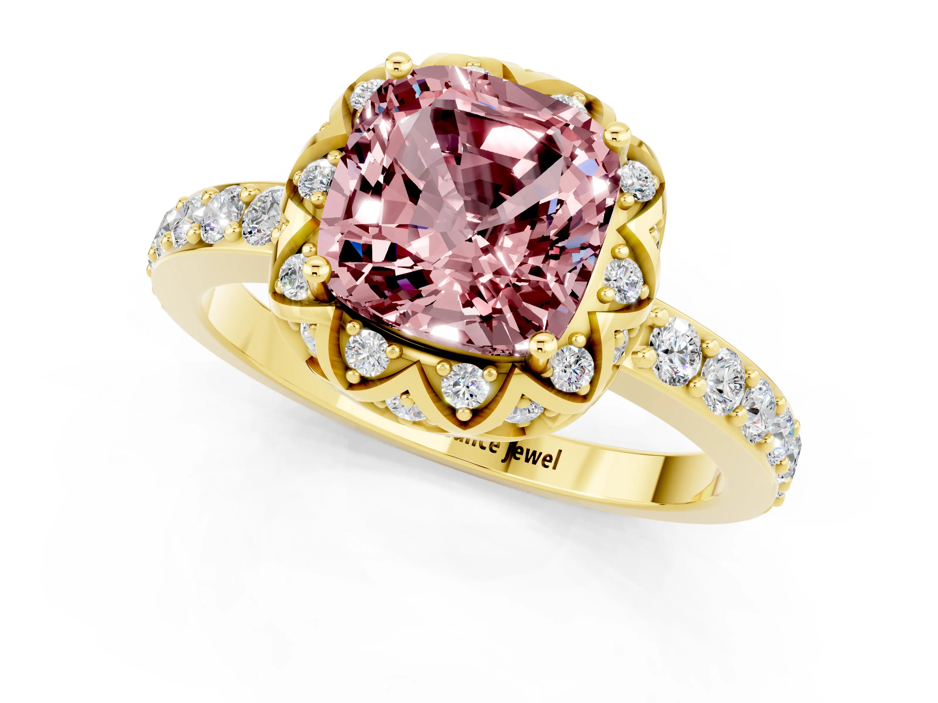 Yellow gold Cushion Cut Diamond Solitaire Ring with Shared Prong Pavé Band_1
