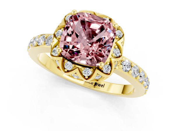 Yellow gold Cushion Cut Diamond Solitaire Ring with Shared Prong Pavé Band