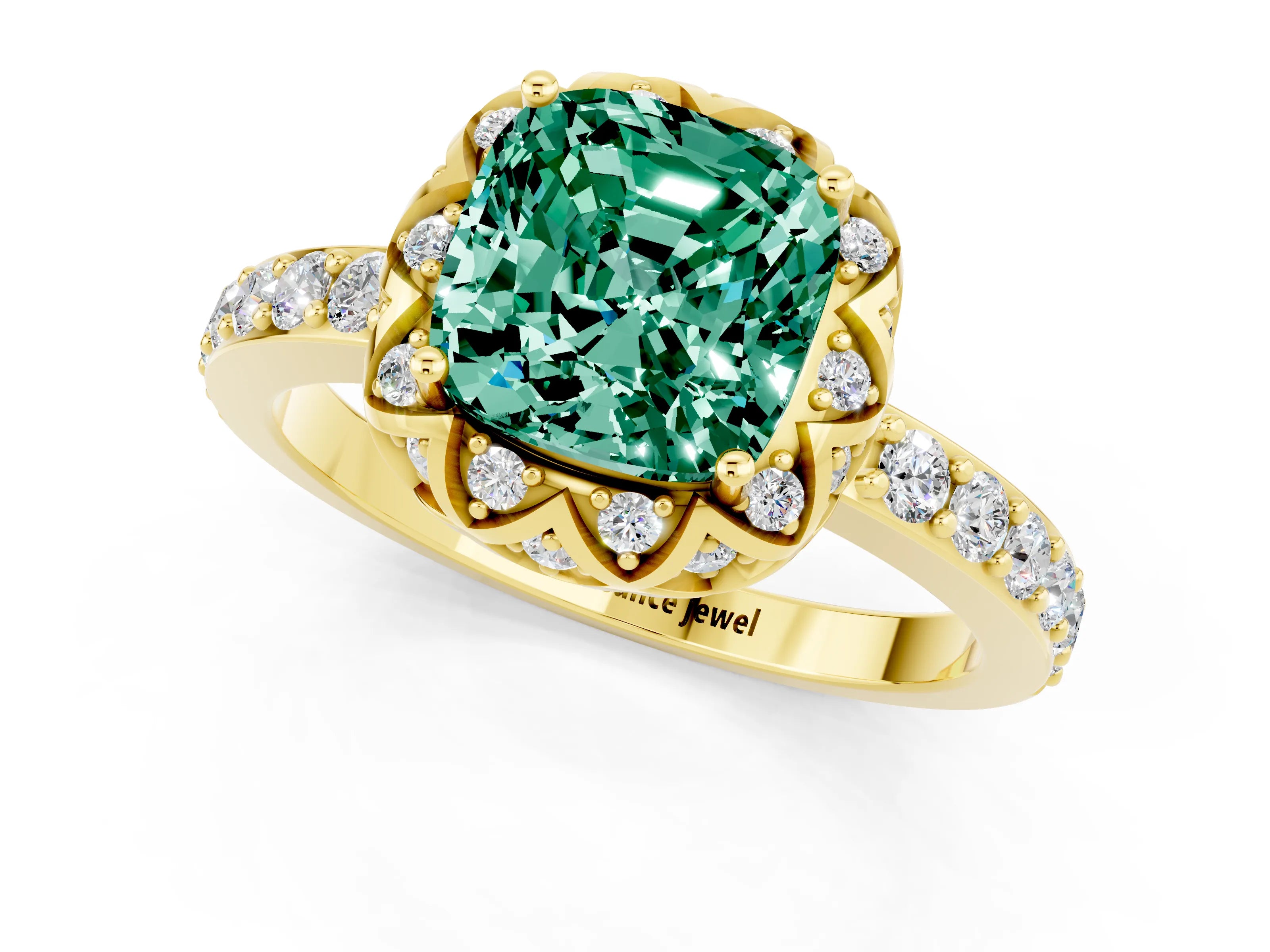 Yellow gold Cushion Cut Diamond Solitaire Ring with Shared Prong Pavé Band_1