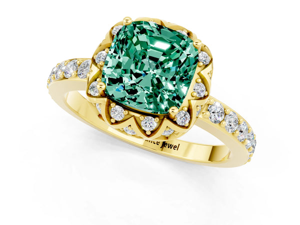 Yellow gold Cushion Cut Green Sapphire Scalloped Halo Engagement Ring with Round Shared Prong Band