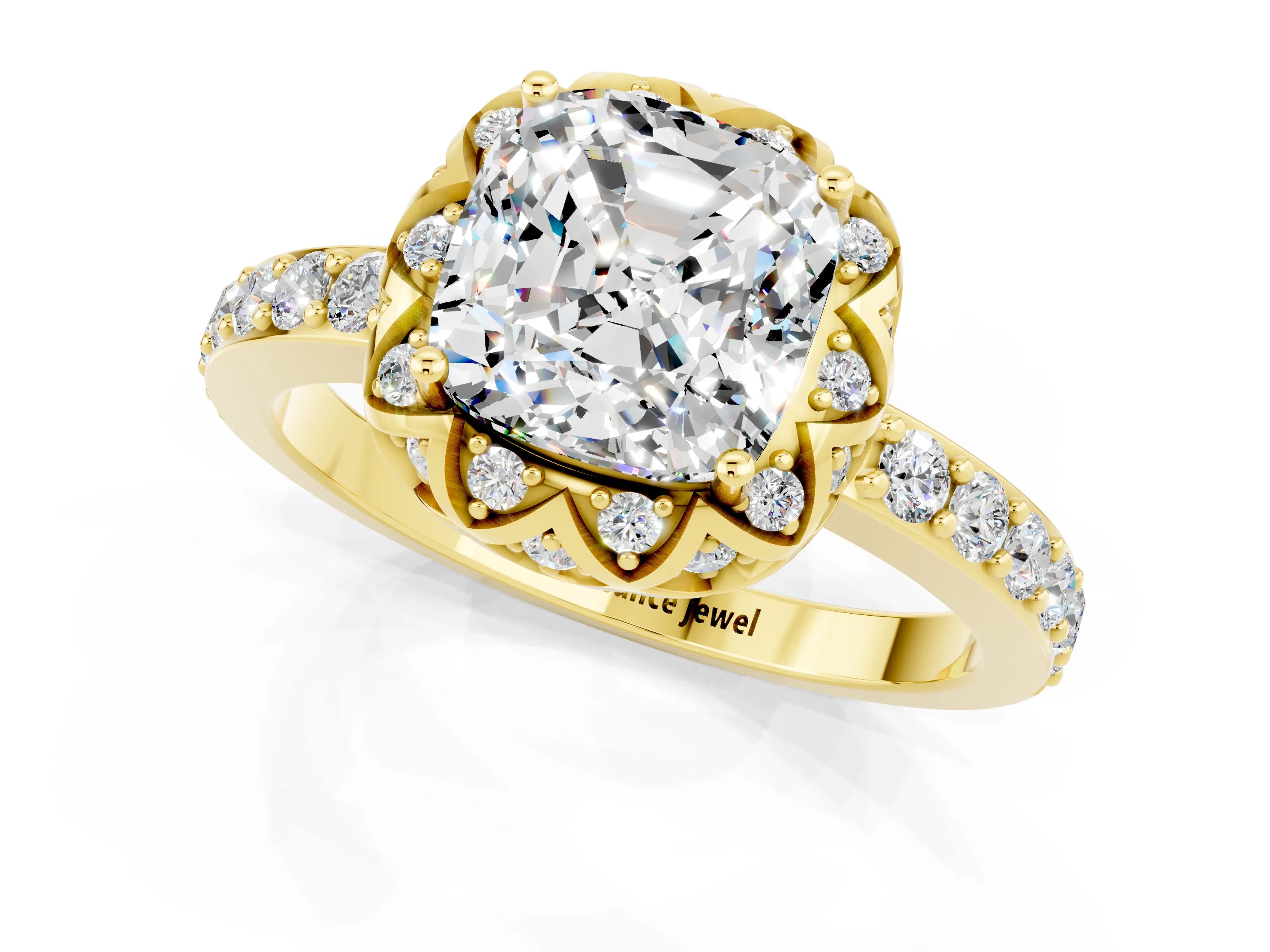 Yellow gold Cushion Cut Diamond Solitaire Ring with Shared Prong Pavé Band_1