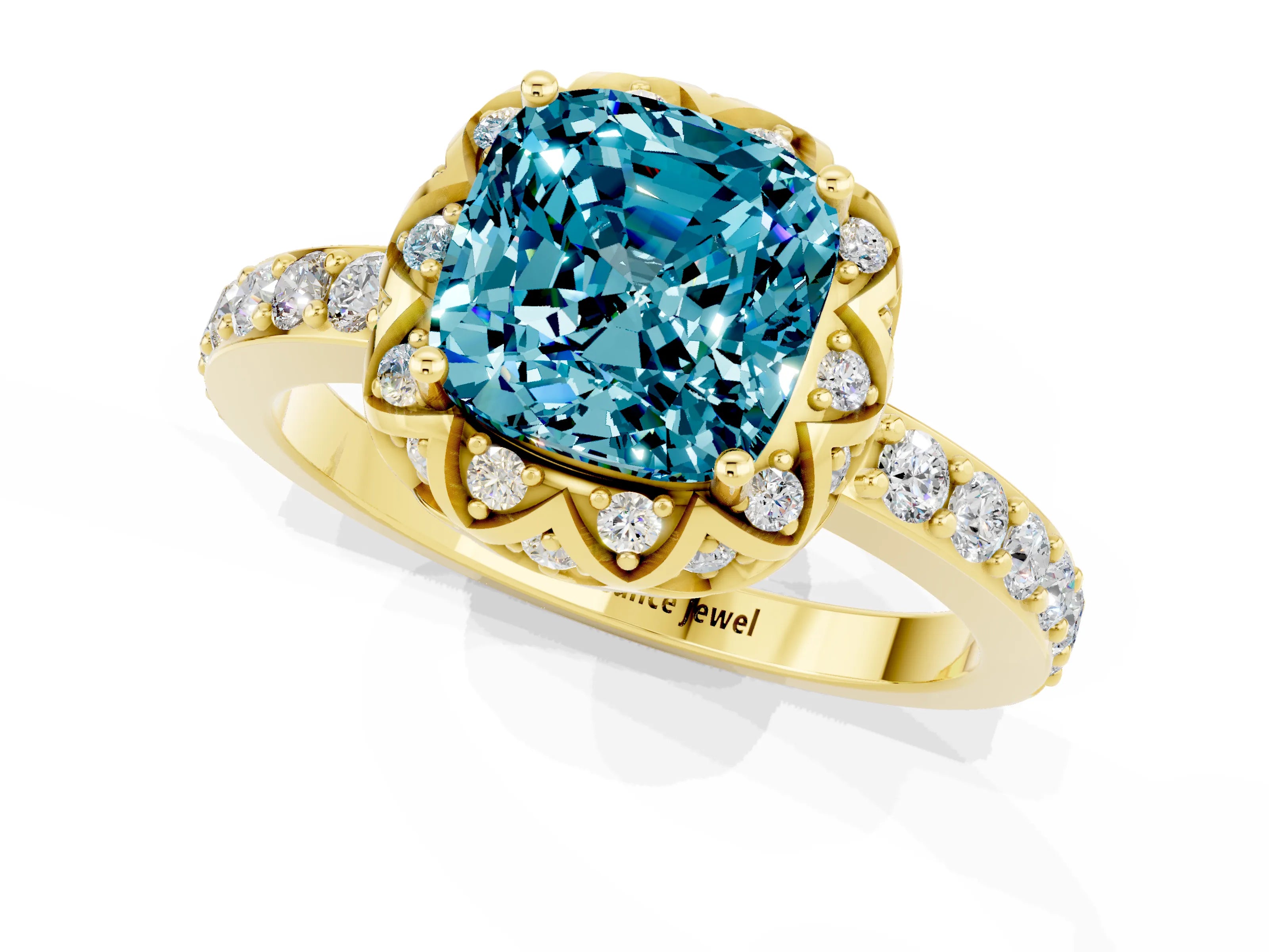 Yellow gold Cushion Cut Diamond Solitaire Ring with Shared Prong Pavé Band_1
