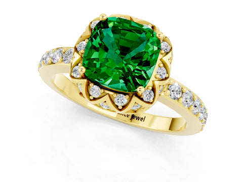 Yellow gold Cushion Cut Diamond Solitaire Ring with Shared Prong Pavé Band_1