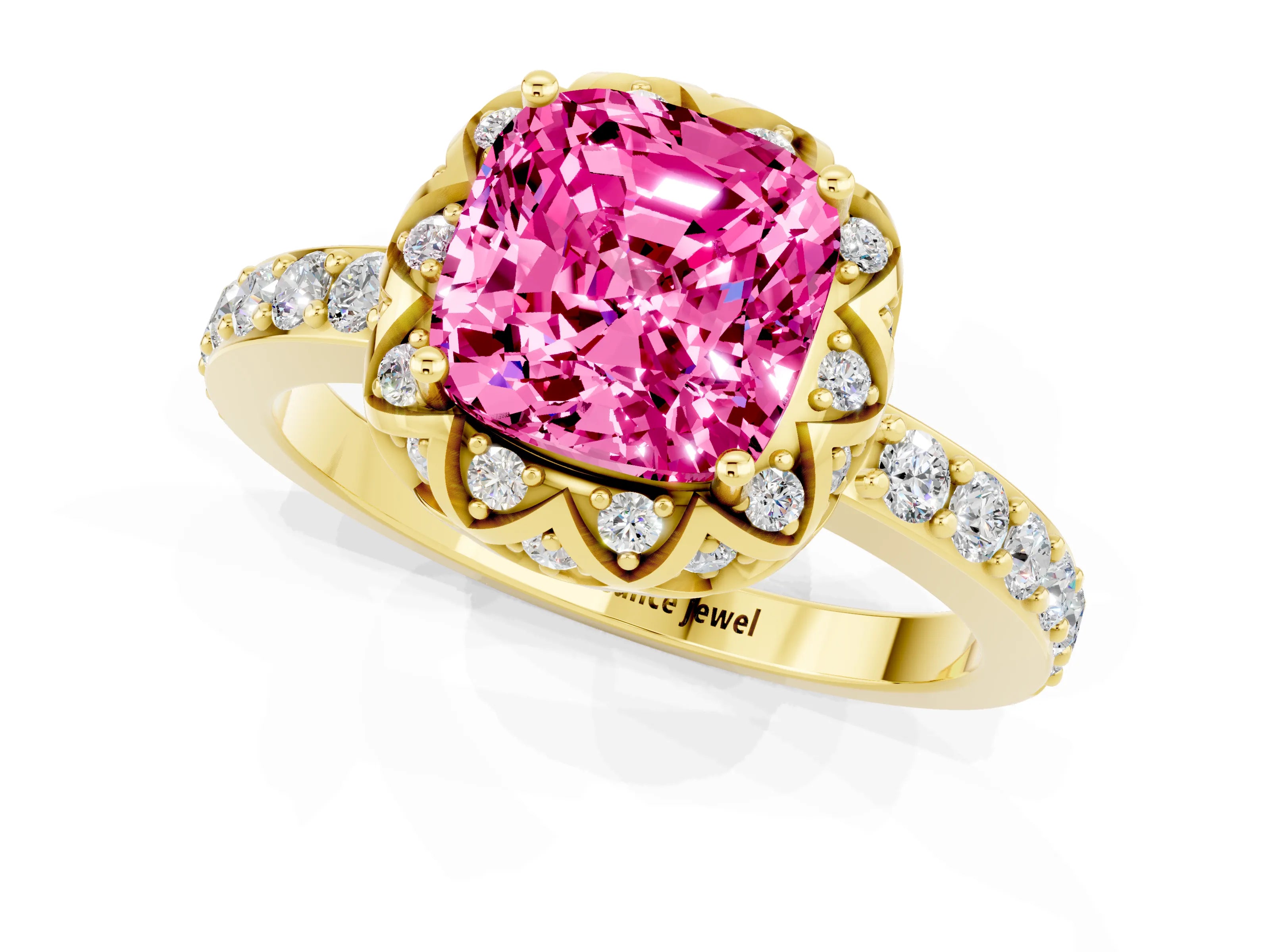Yellow gold Cushion Cut Diamond Solitaire Ring with Shared Prong Pavé Band_1