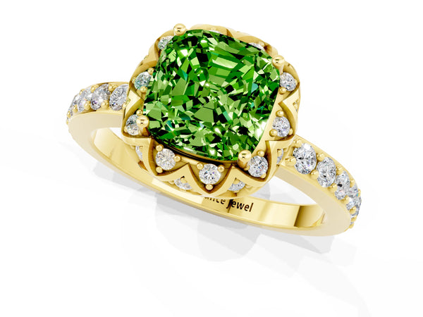 Yellow gold Cushion Cut Diamond Solitaire Ring with Shared Prong Pavé Band