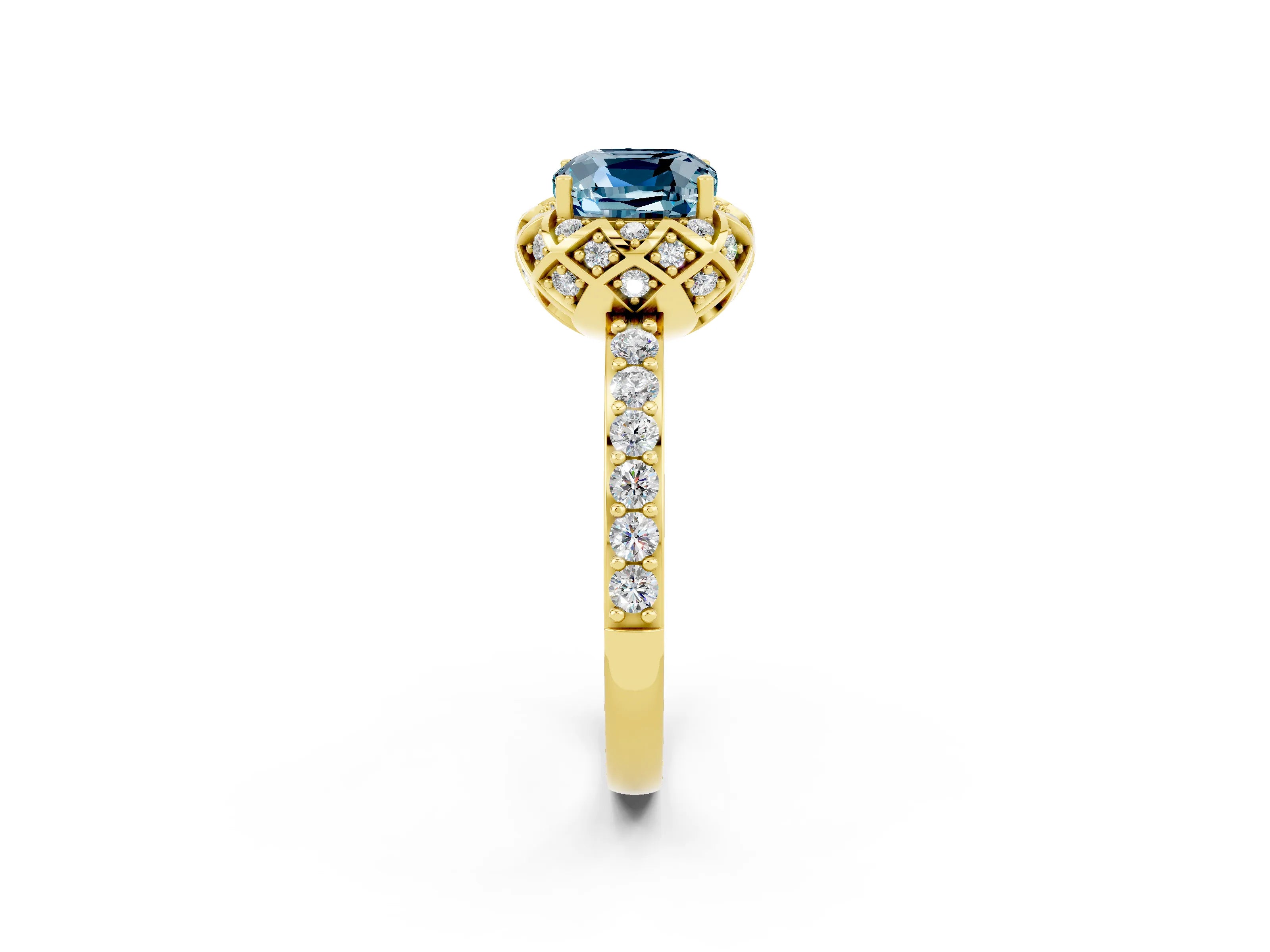 Yellow gold Cushion Cut Diamond Solitaire Ring with Shared Prong Pavé Band_2