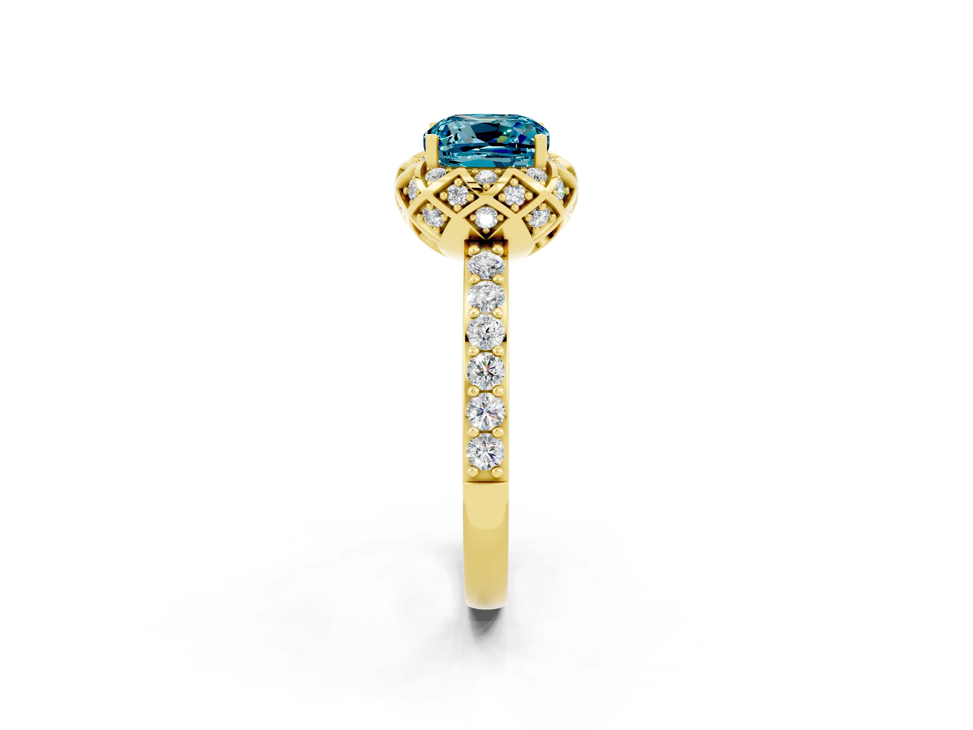 Yellow gold Cushion Cut Diamond Solitaire Ring with Shared Prong Pavé Band_2