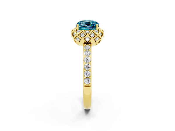 Yellow gold Cushion Cut Diamond Solitaire Ring with Shared Prong Pavé Band