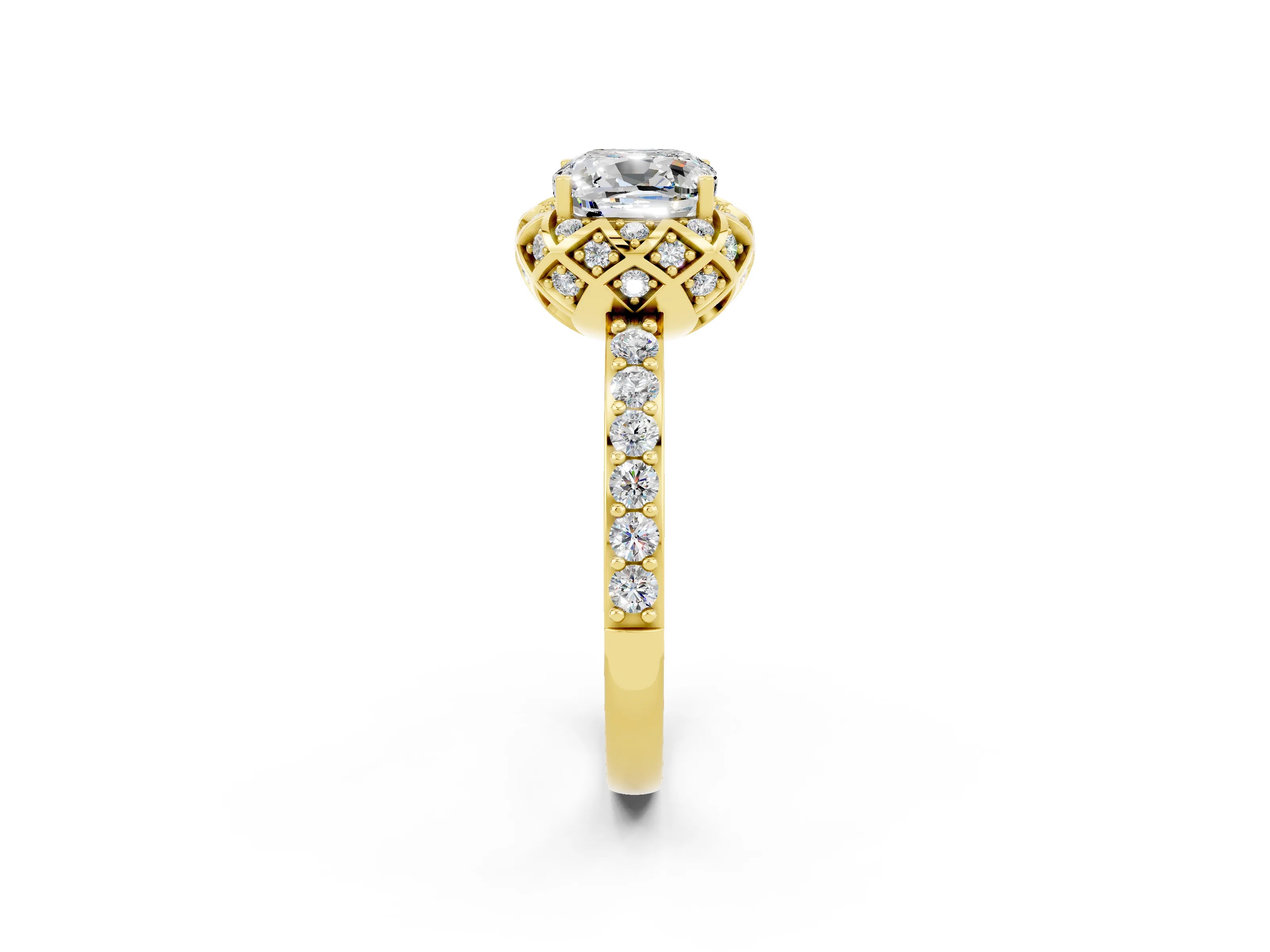Yellow gold Cushion Cut Diamond Solitaire Ring with Shared Prong Pavé Band_2
