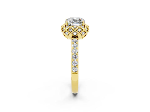 Yellow gold Cushion Cut Diamond Solitaire Ring with Shared Prong Pavé Band_2