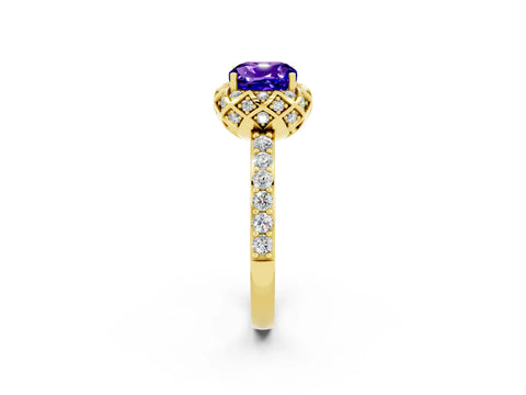 Yellow gold Cushion Cut Diamond Solitaire Ring with Shared Prong Pavé Band_2