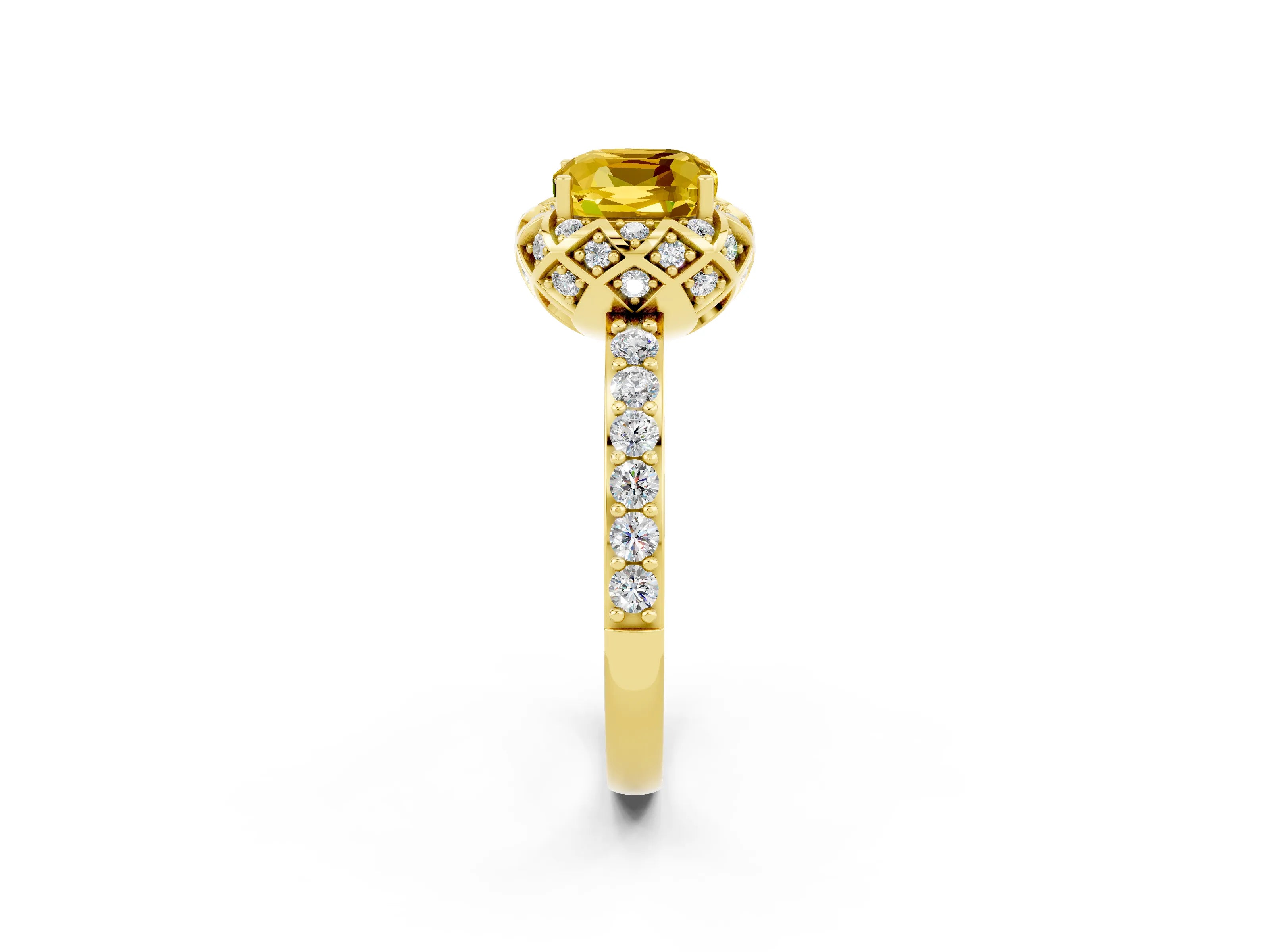 Yellow gold Cushion Cut Diamond Solitaire Ring with Shared Prong Pavé Band_2