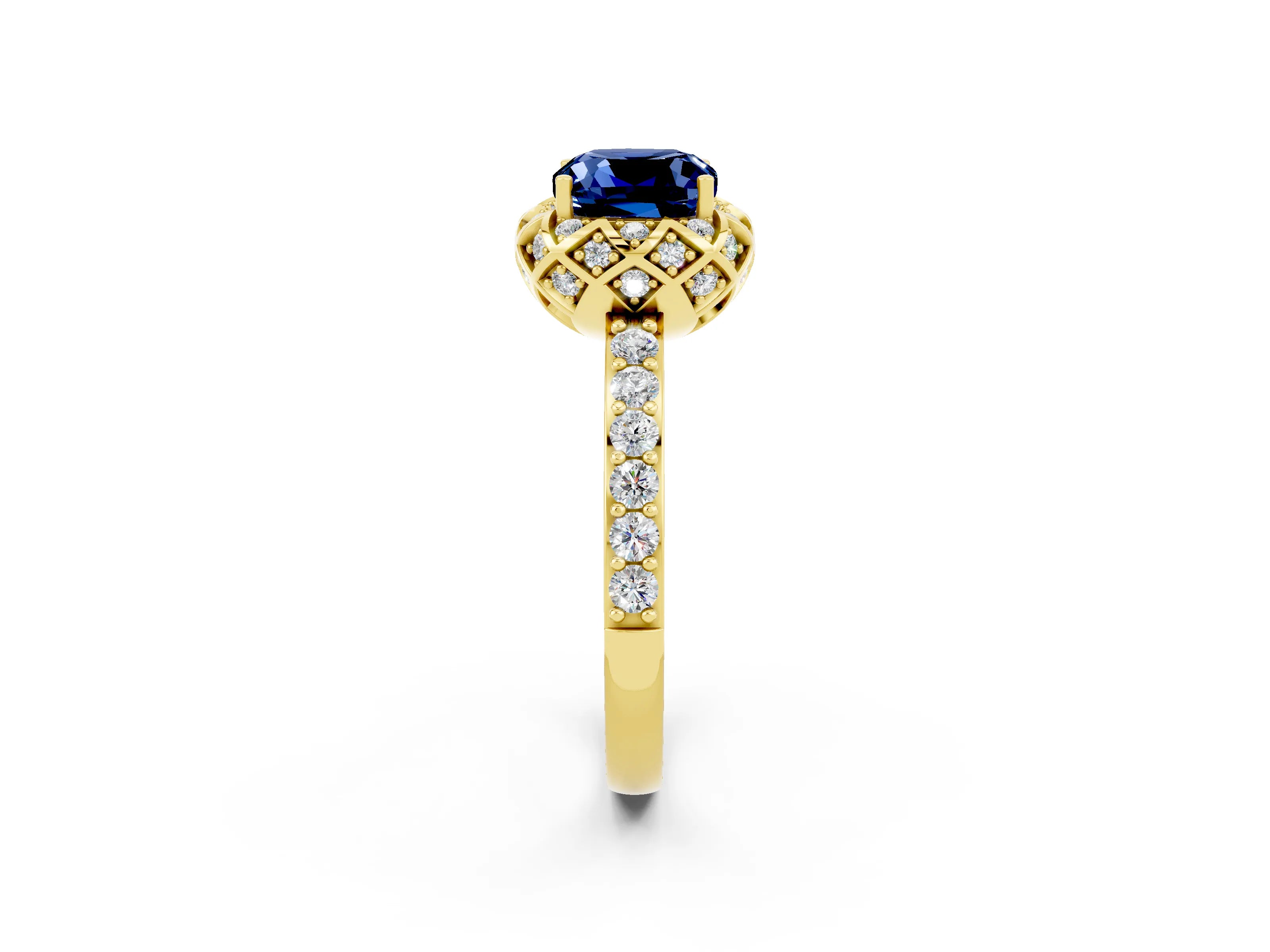 Yellow gold Cushion Cut Diamond Solitaire Ring with Shared Prong Pavé Band_2