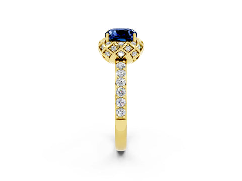 Yellow gold Cushion Cut Diamond Solitaire Ring with Shared Prong Pavé Band_2